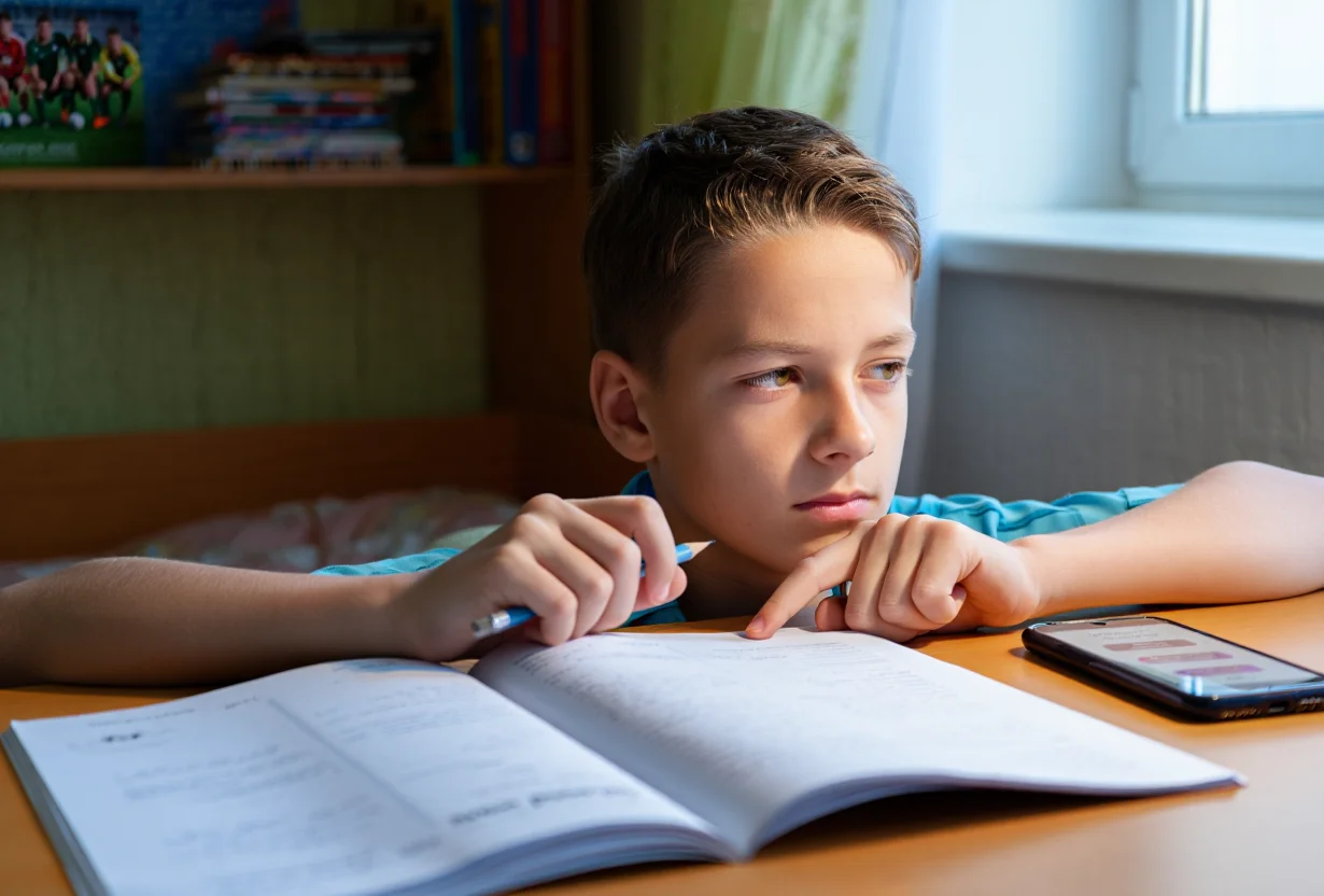 Ребенок сидит за столом и смотрит в сторону